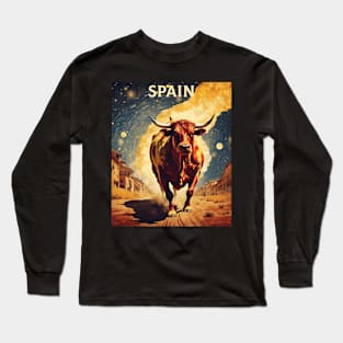 Running of the Bulls Starry Night Spain Travel Tourism Retro Vintage Long Sleeve T-Shirt